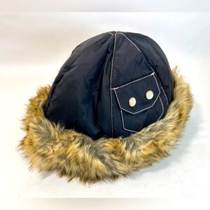 Quest Faux Fur Aviator Bomber Hat in Black Nylon and Brown Fur size M/L